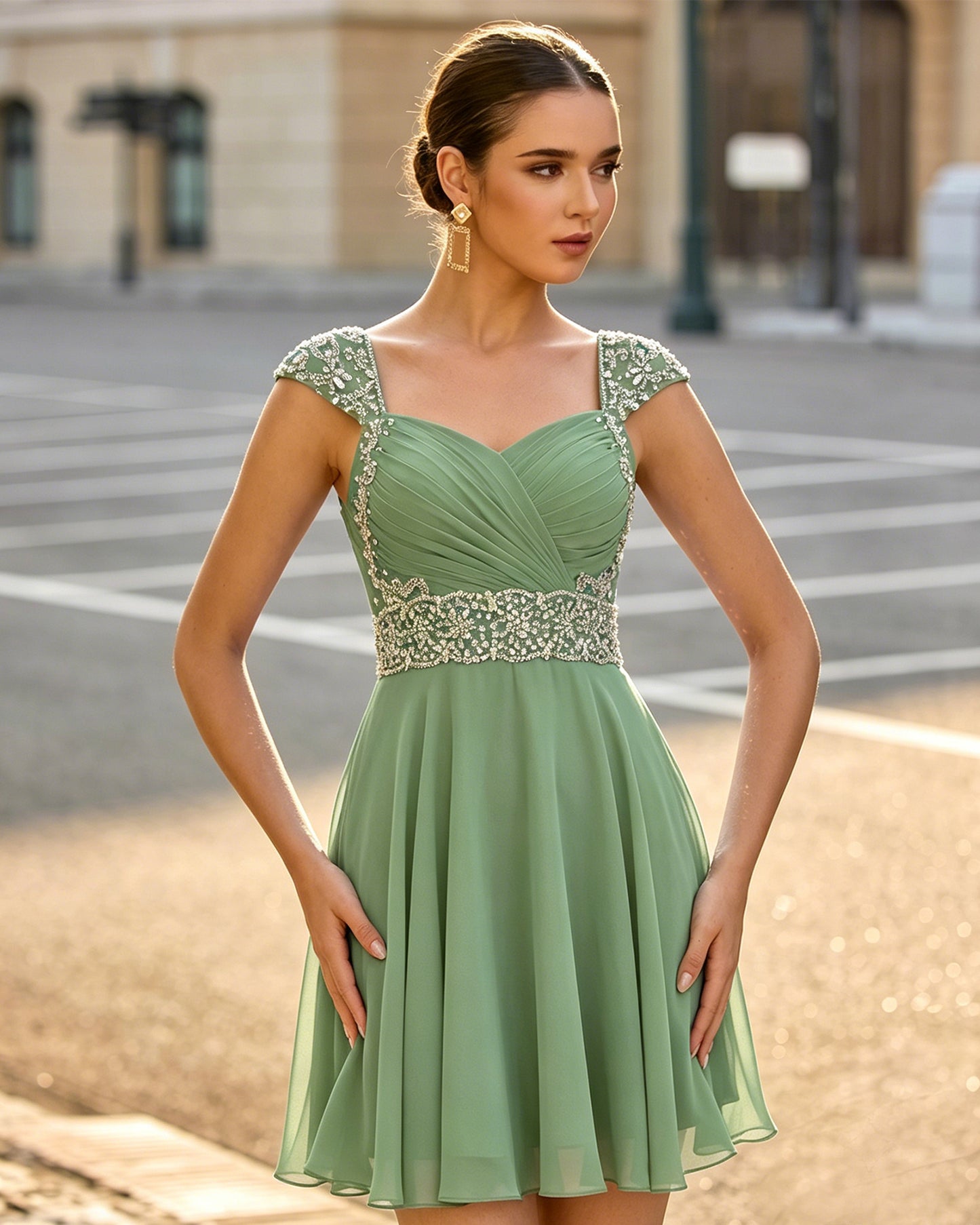 Sweetheart Ruched Chiffon Short Homecoming Dress with Beaded Cap Sleeves