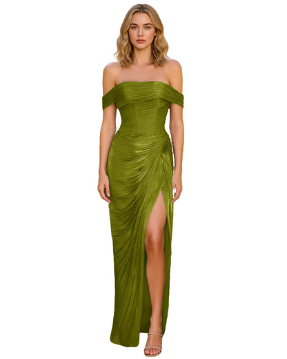Off Shoulder Ruched Jersey Prom Dress with Wrap Bodice and High Slit
