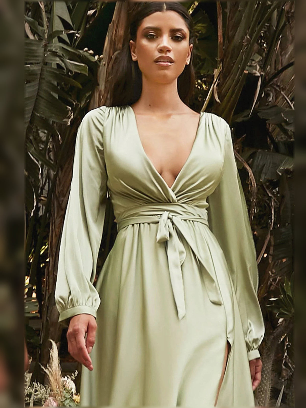 V Neck Long Sleeves Pleats Floor-Length Formal Dress