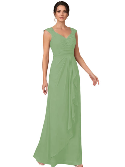 Mother of the Bride Dress Long Sleeveless V-Neck Chiffon Formal Gown with Ruffle Detail