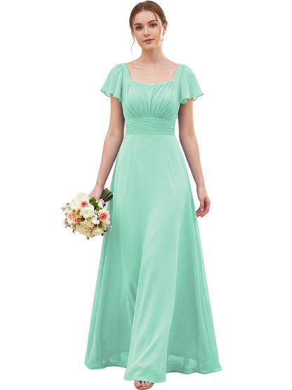 Square Neck Chiffon Bridesmaid Dress with Flutter Sleeves and Lace-Up Back