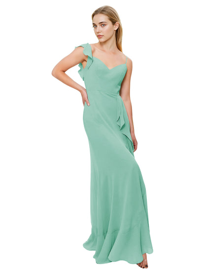 V-Neck Ruffle Strap Bridesmaid Dress with Cascading Chiffon Dress