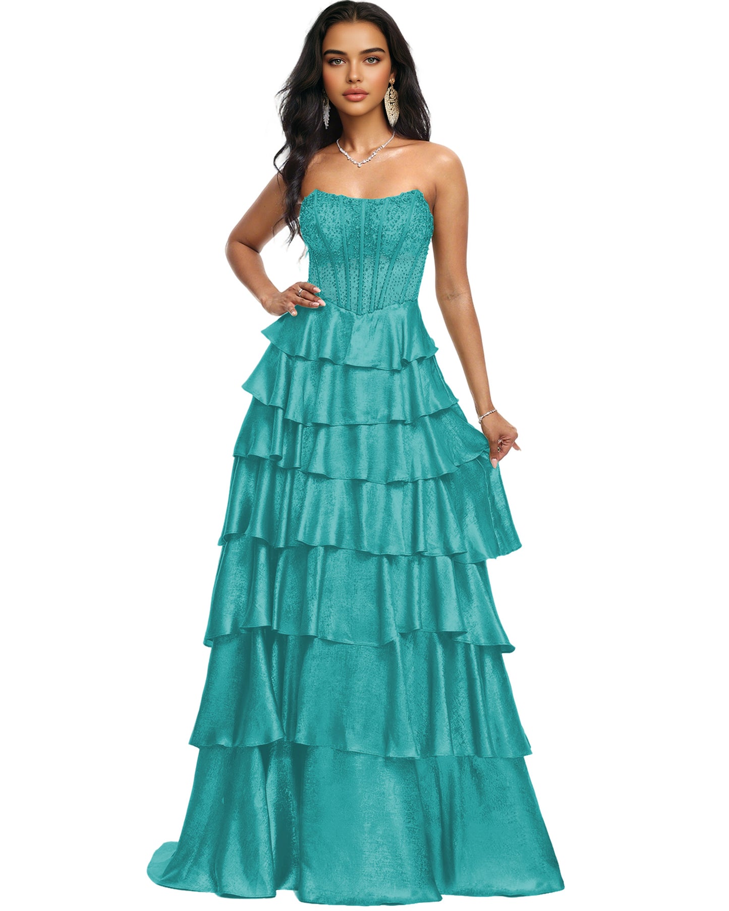 Strapless Tiered Sequin A-Line Prom Dress with Ruffle Layers