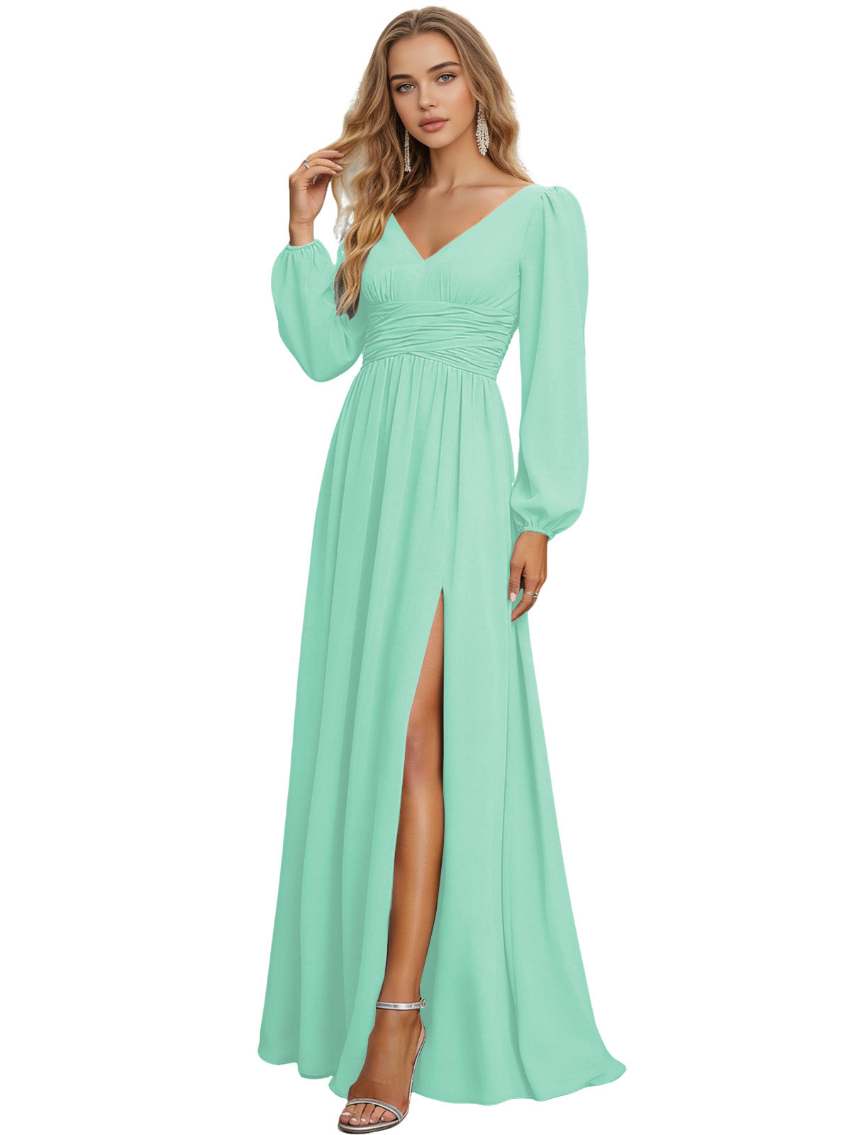 Long Sleeve V-Neck Chiffon Bridesmaid Dress with Front Slit