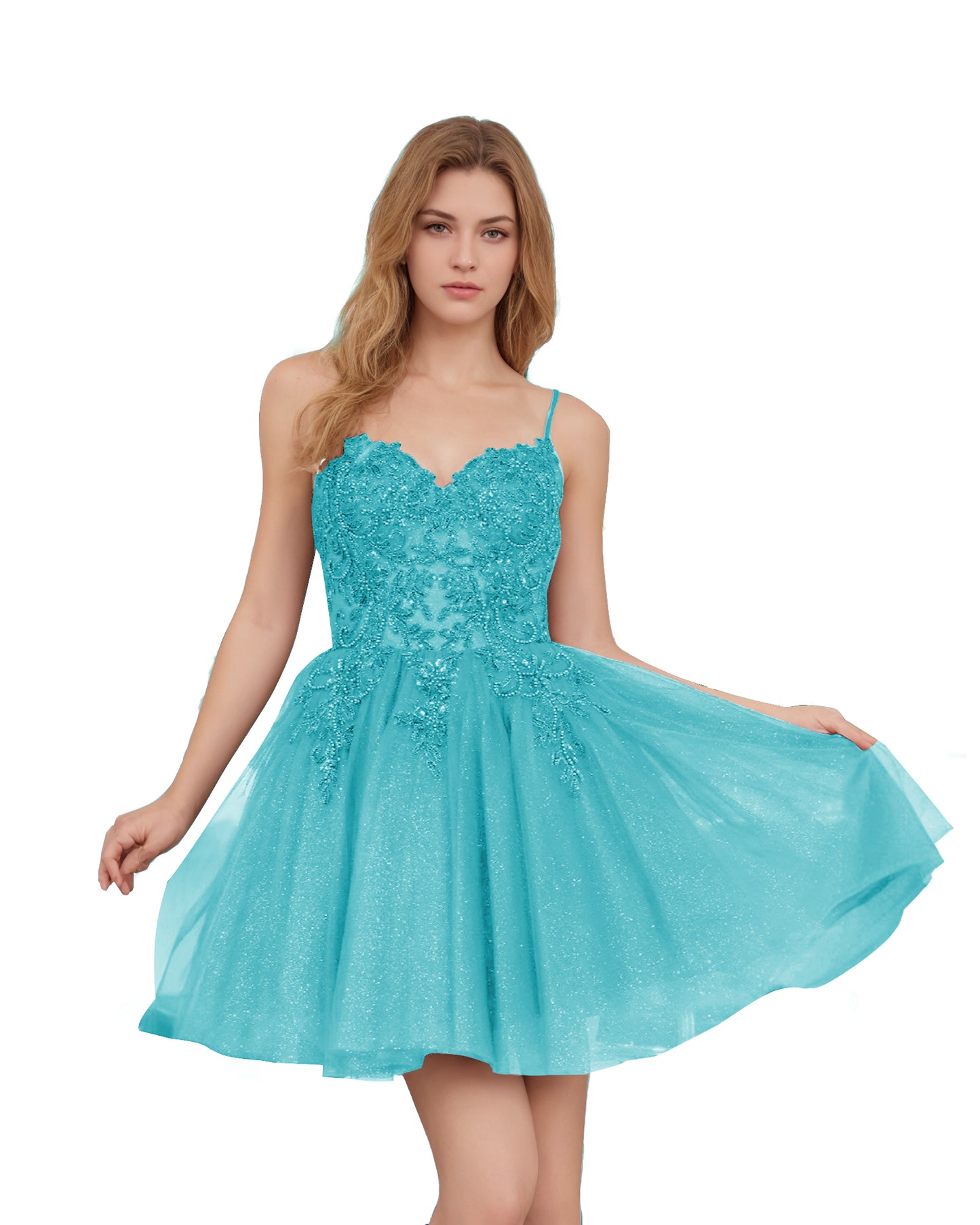 Spaghetti Strap Beaded Corset Glitter Tulle Homecoming Dress