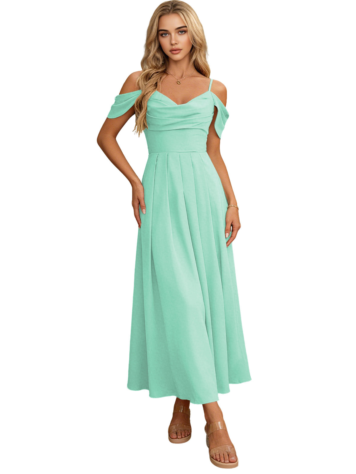 Off Shoulder Midi Bridesmaid Dress with Pleated Bodice and Flowing dress
