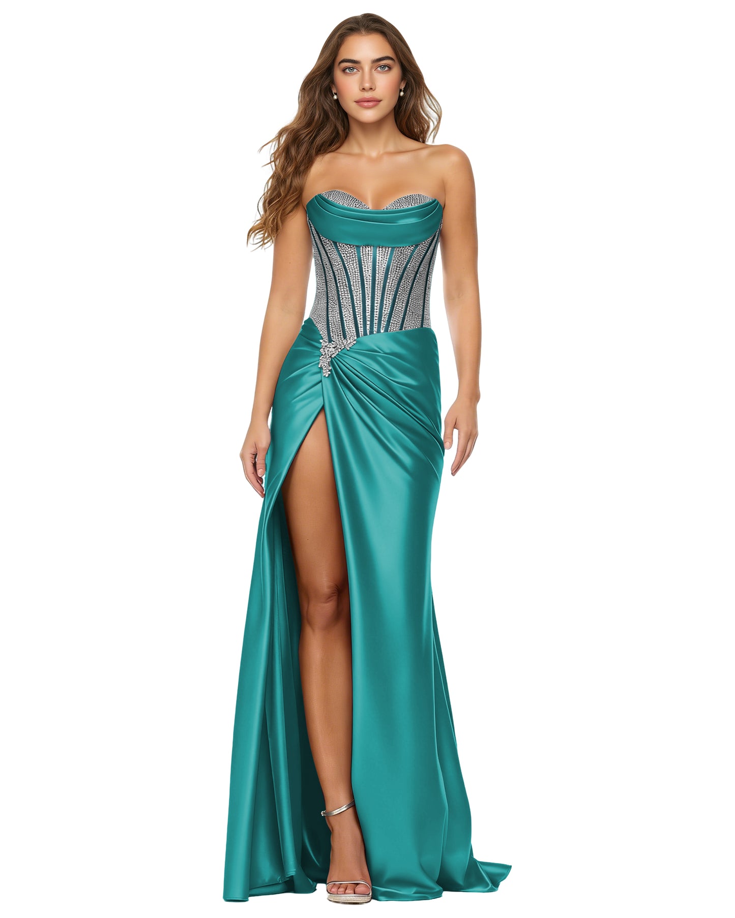 Strapless Striped Corset Prom Gown with Velvet Skirt and High Slit