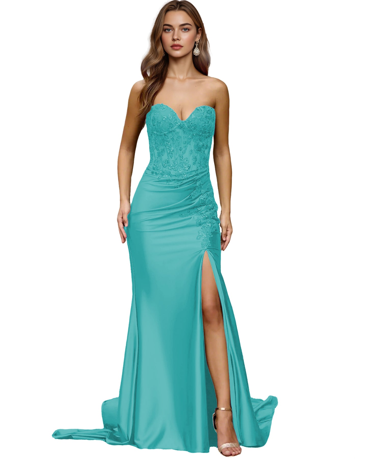 Strapless Emerald Satin Mermaid Prom Dress with Beaded Bodice and Slit