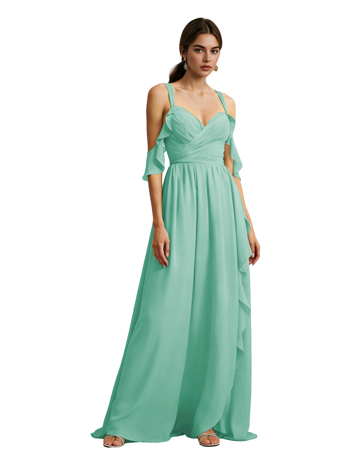 Cold Shoulder Chiffon Bridesmaid Dress with Draped V-Neck Bodice