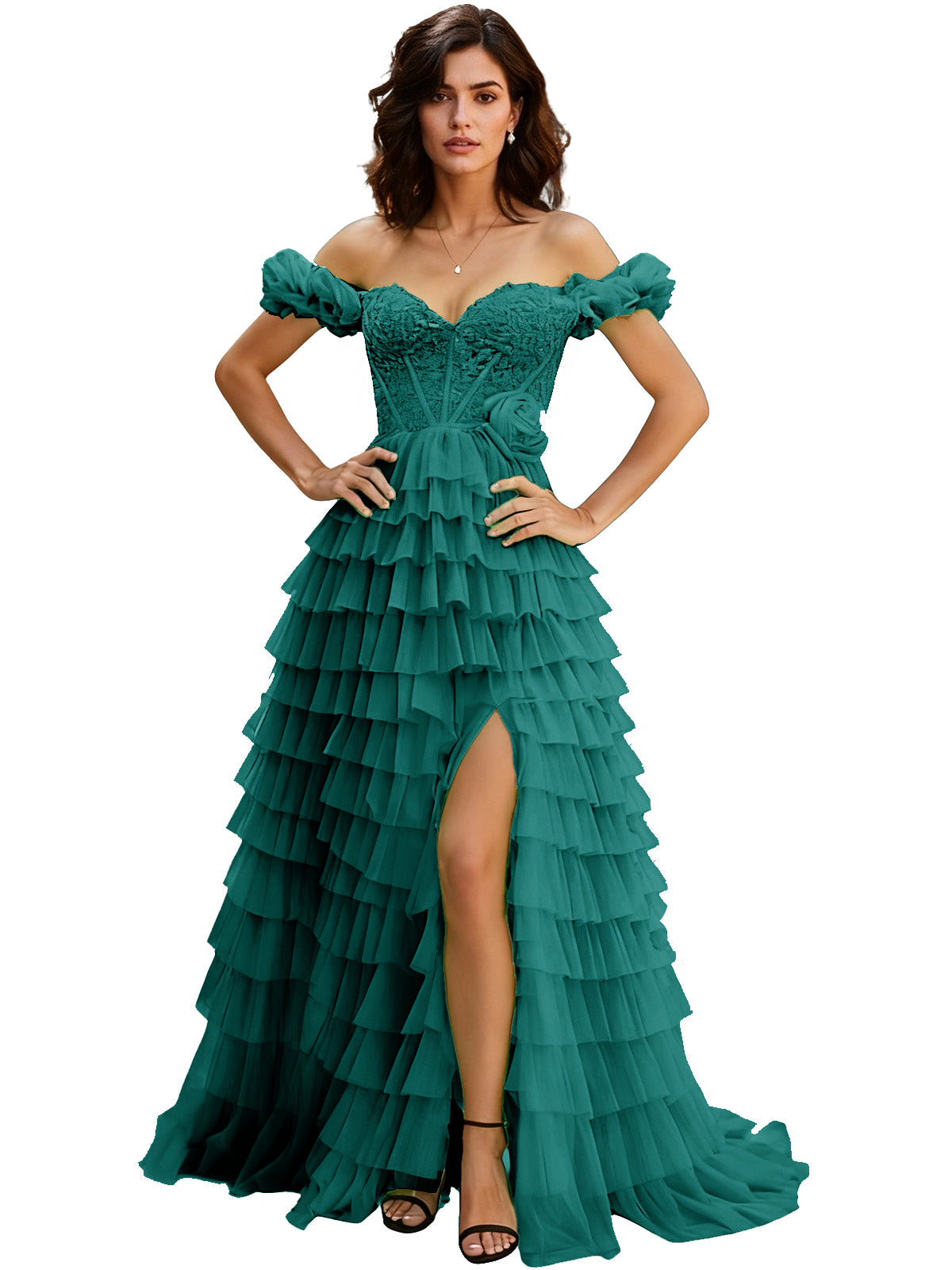 Off Shoulder Tulle Ball Gown Prom Dress with Ruffle Sleeves and Slit