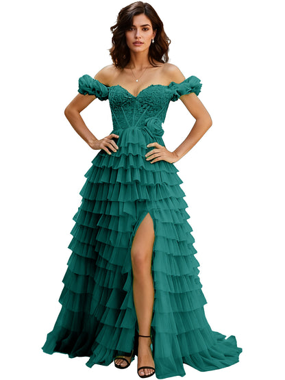 Off Shoulder Tulle Ball Gown Prom Dress with Ruffle Sleeves and Slit