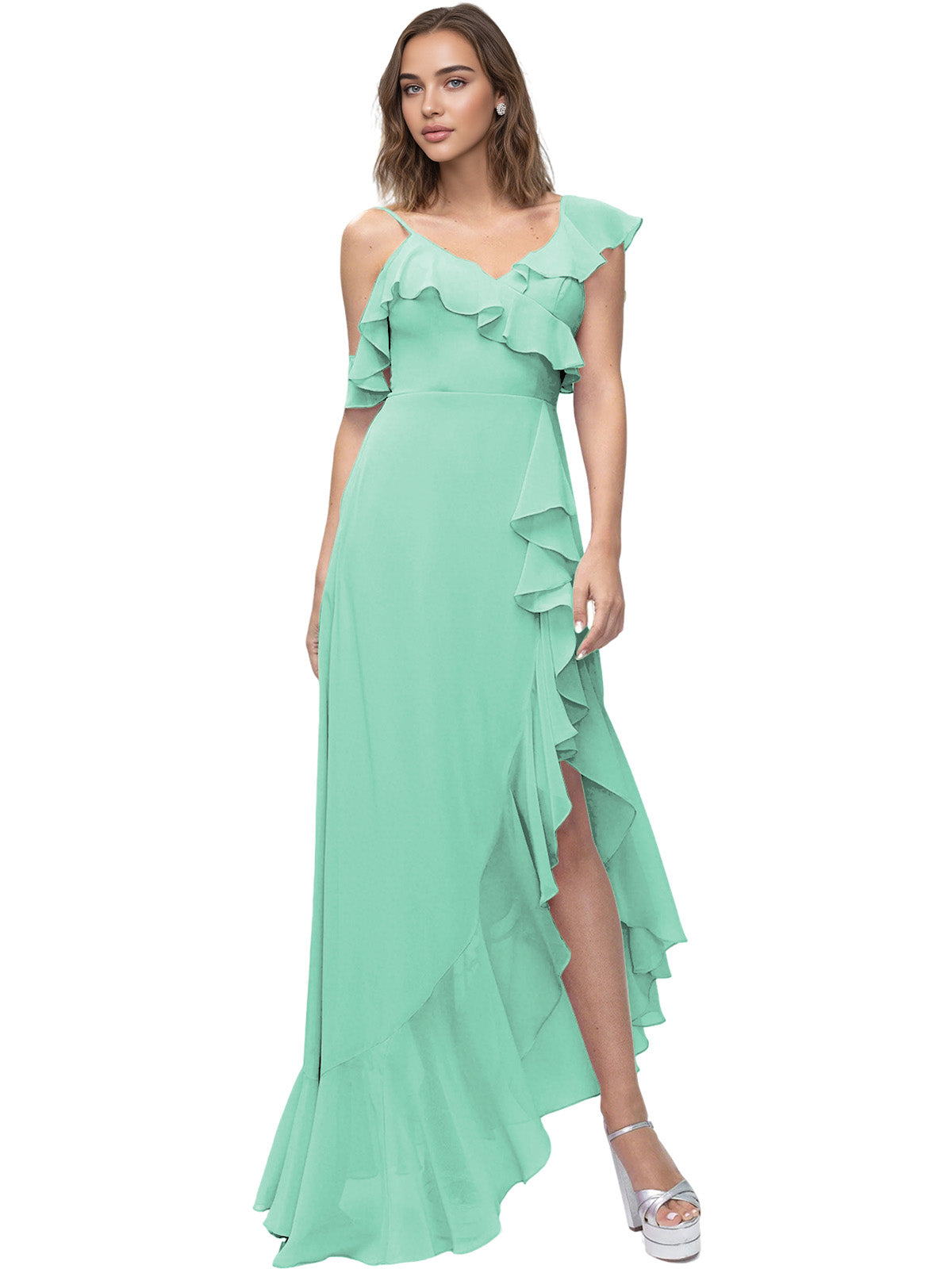 Asymmetrical Ruffle Chiffon Bridesmaid Dress with High Low Slit