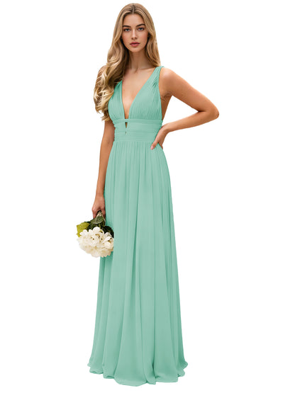 Spaghetti Strap V-Neck Chiffon Bridesmaid Dress with Open Back