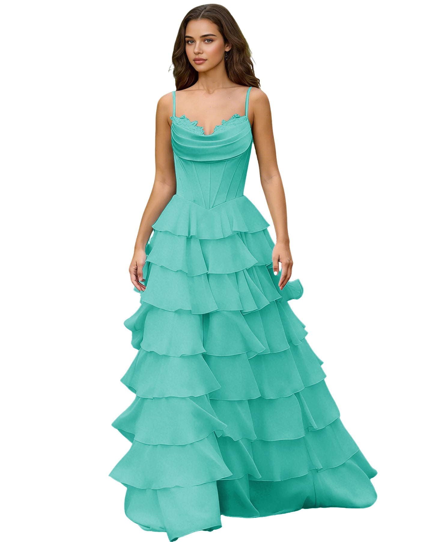 Spaghetti Strap Tiered Chiffon A-Line Prom Dress with Ruffle dress