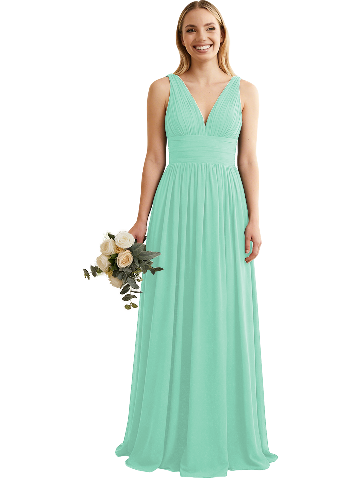 Deep V-Neck Chiffon Bridesmaid Dress with Pleated Waist