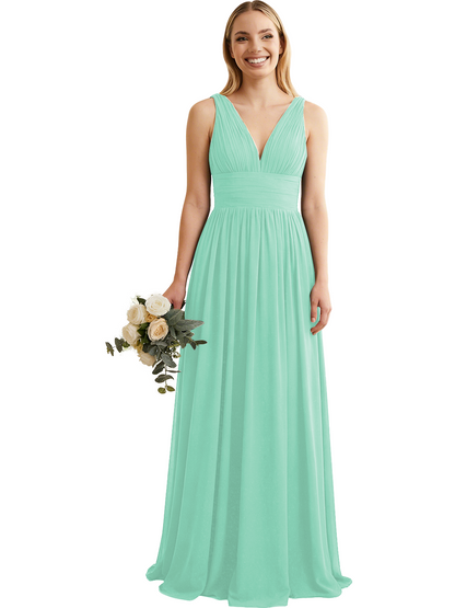 Deep V-Neck Chiffon Bridesmaid Dress with Pleated Waist