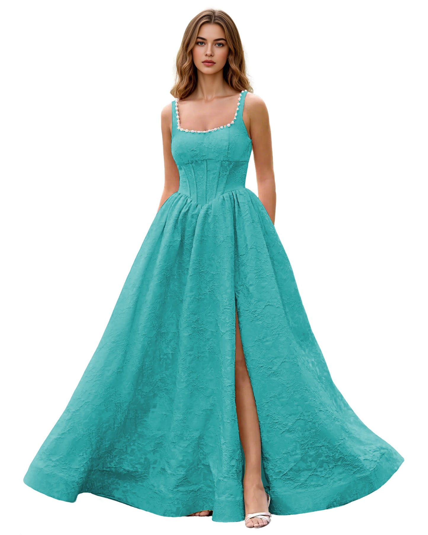 Square Neck Jacquard Ball Gown Prom Dress with Wide Straps and Pockets