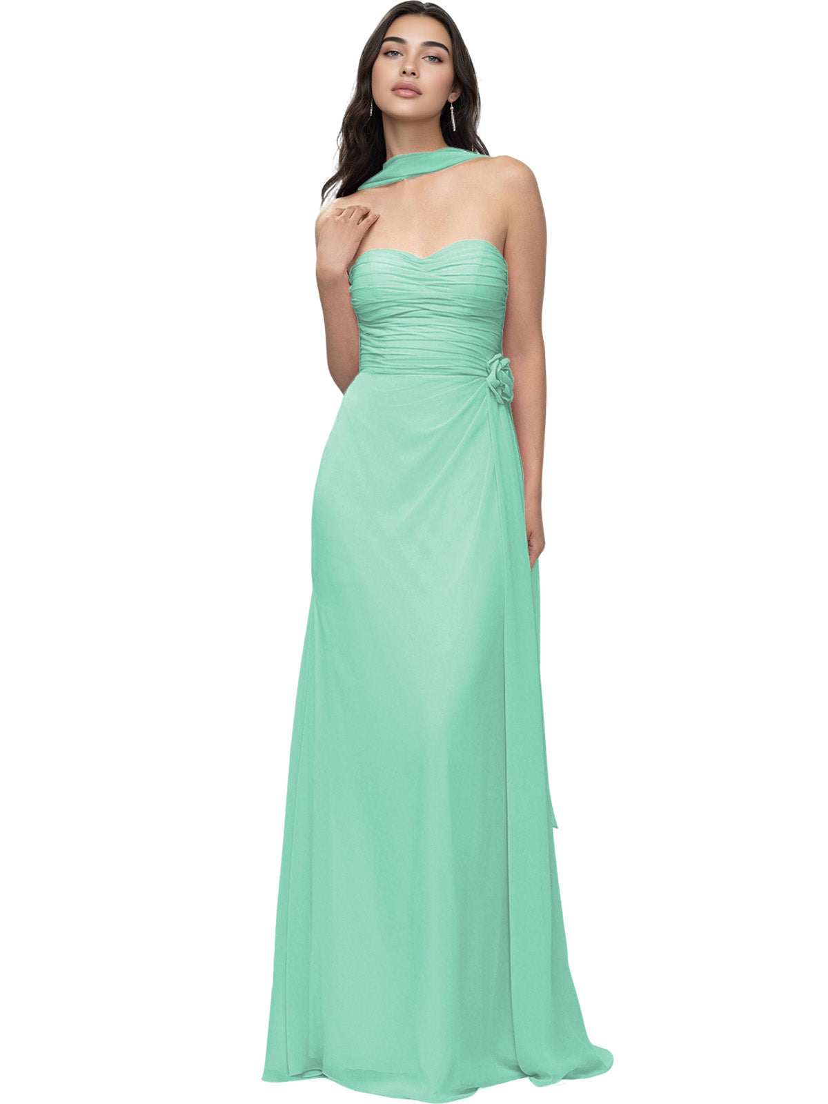 Strapless Chiffon Bridesmaid Dress with Wrapped Bodice and Slit Dress