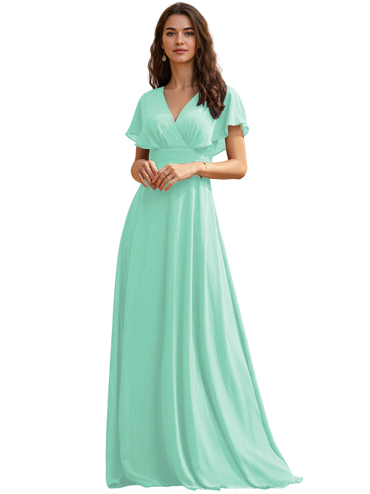 Flutter Sleeve V-Neck Chiffon Bridesmaid Dress with Flowing dress
