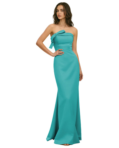 Strapless Satin Bridesmaid Dress with Draped Bodice and Side Slit