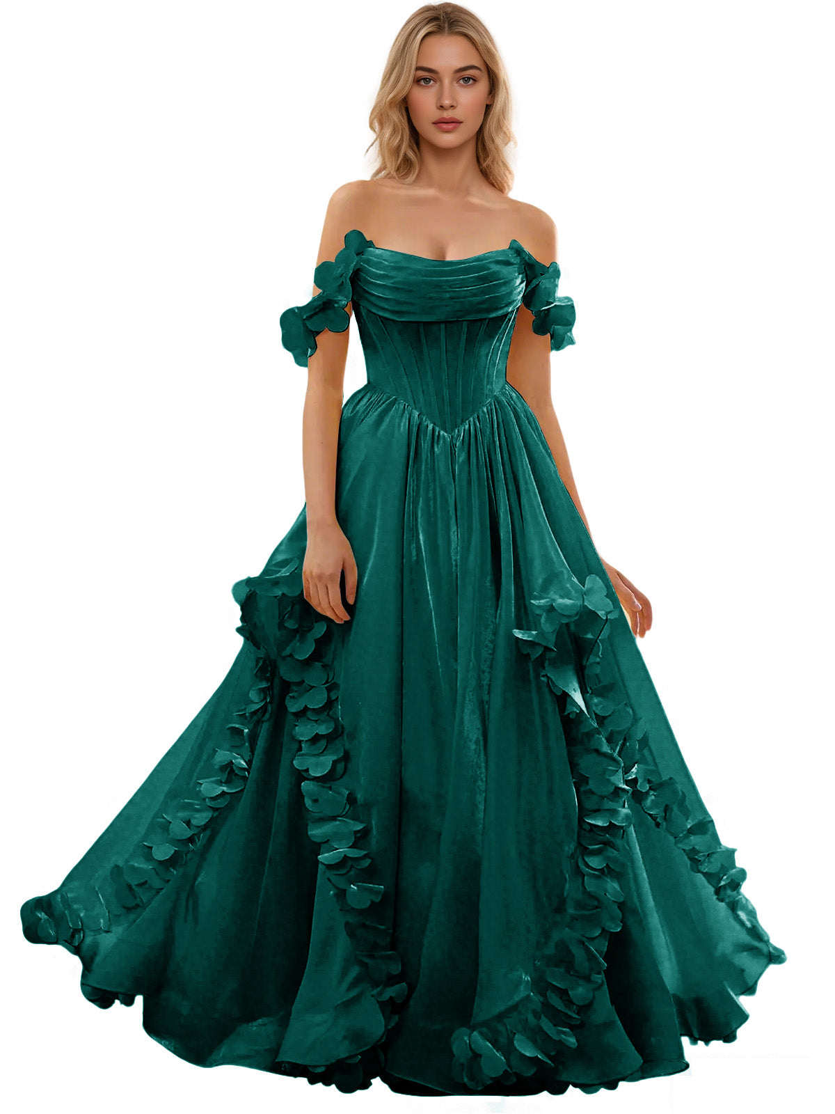 Off Shoulder Ruffle Tulle Ball Gown Prom Dress with Floral Applique