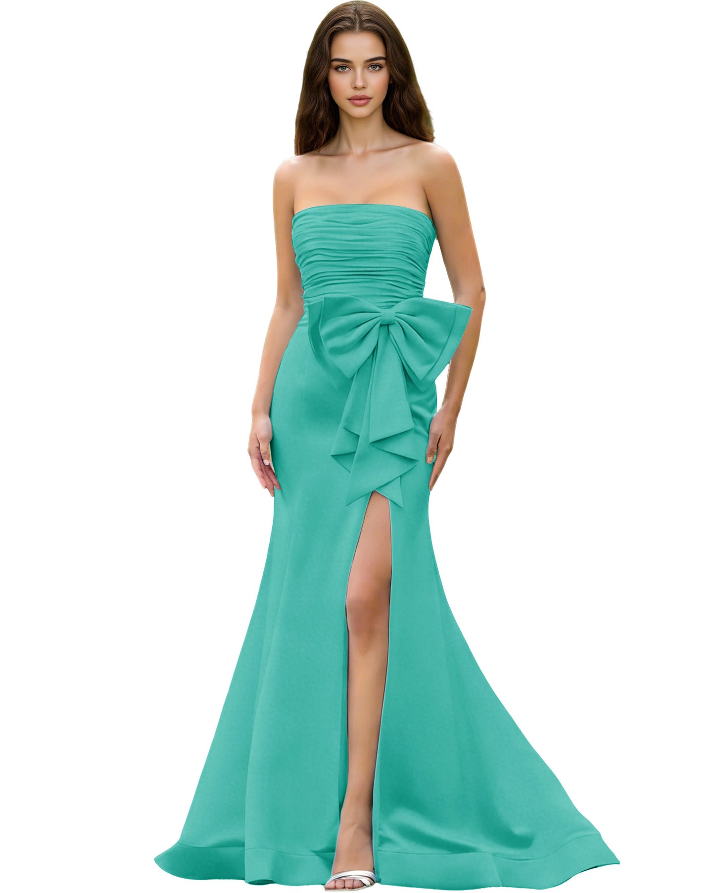 Strapless Bow Detail Satin Prom Dress with Ruched Bodice and Slit