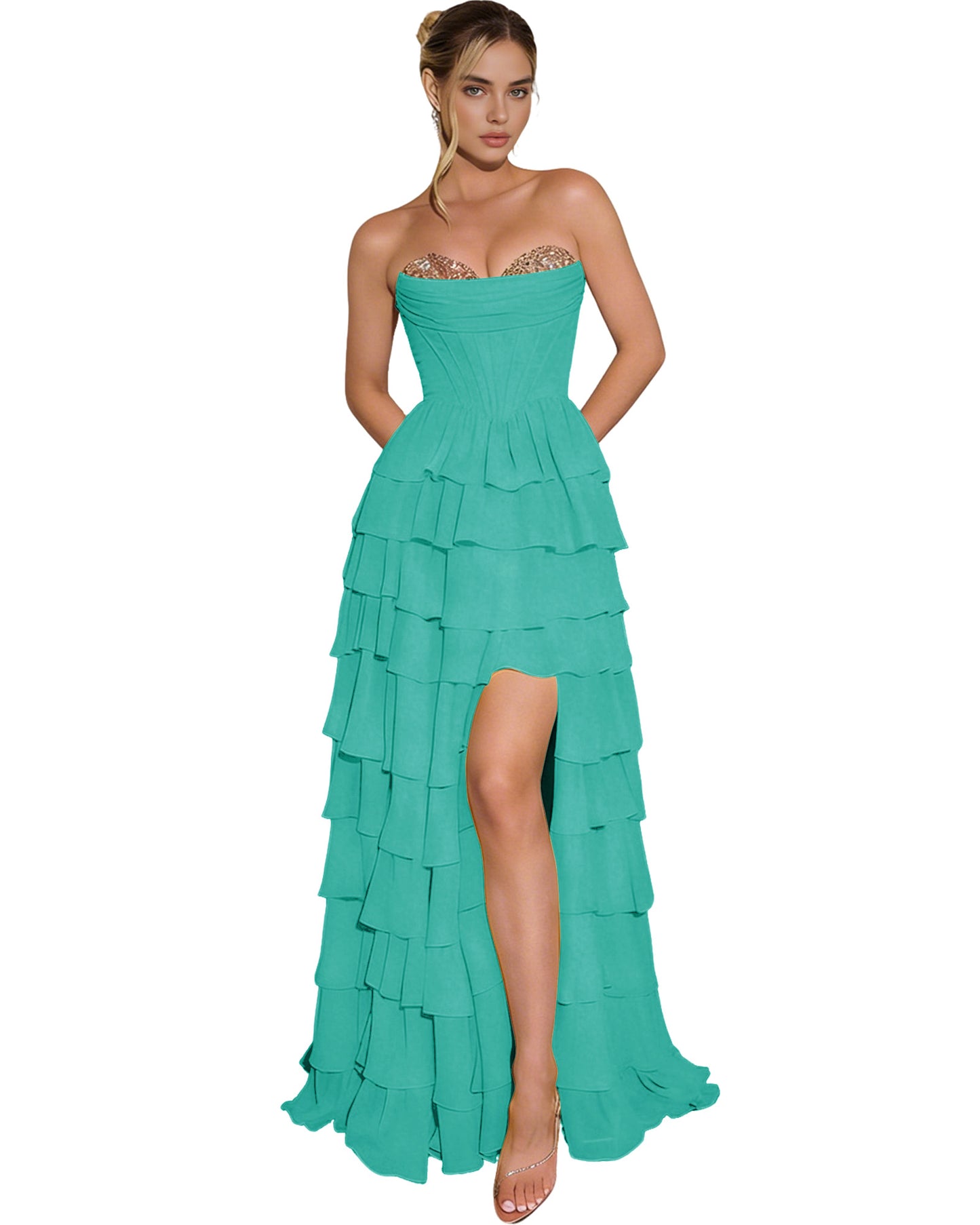 Strapless Layered Tulle Prom Dress with Corset Bodice and High Low Hem