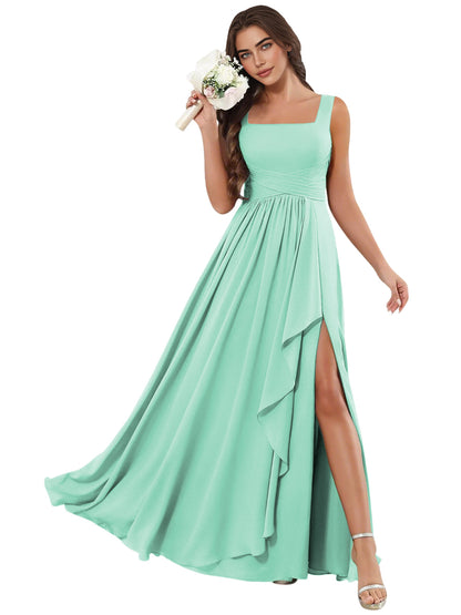 Square Neck Chiffon Bridesmaid Dress with Corset Back and Slit