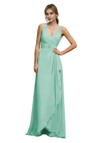 Halter V-Neck Chiffon Bridesmaid Dress with Draped Sash Waist