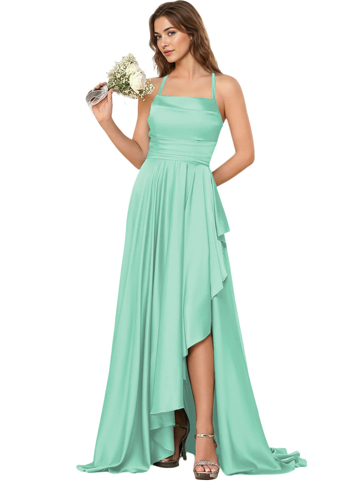 Open Back Halter Bridesmaid Dress with High Low Overlay dress