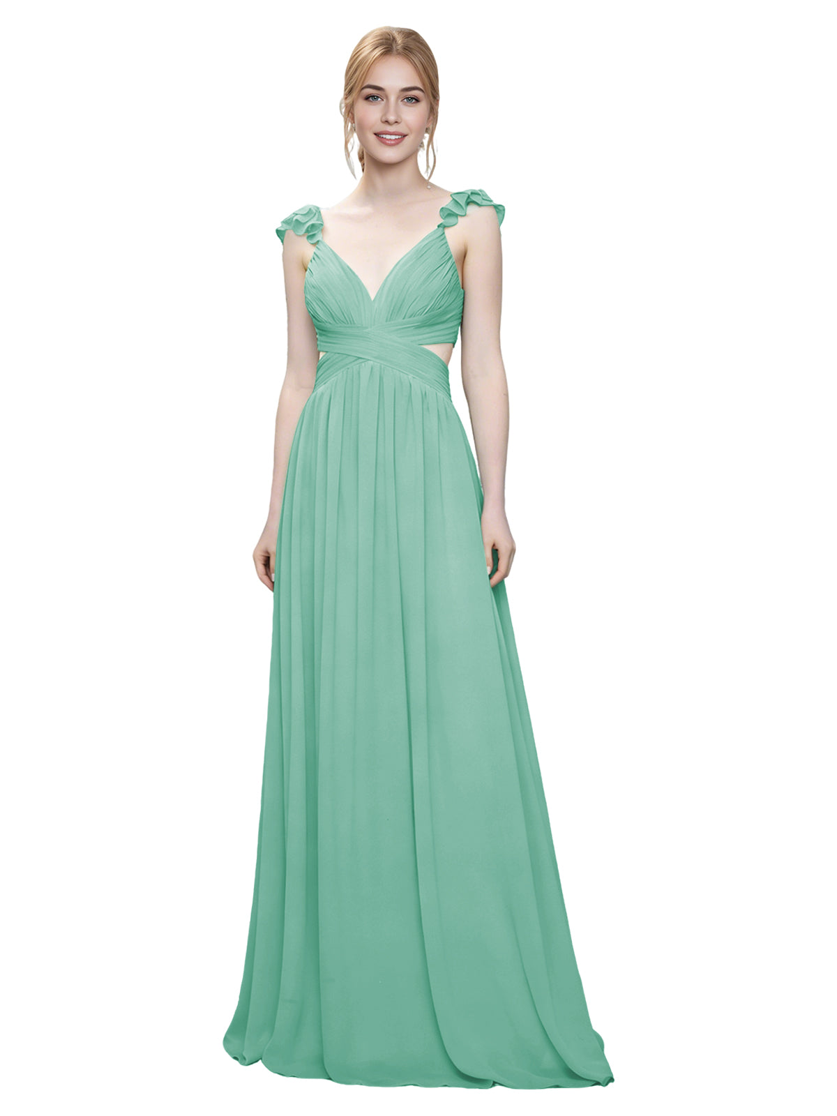 Ruffle Strap V-Neck Tulle Bridesmaid Dress with Pleated Waist
