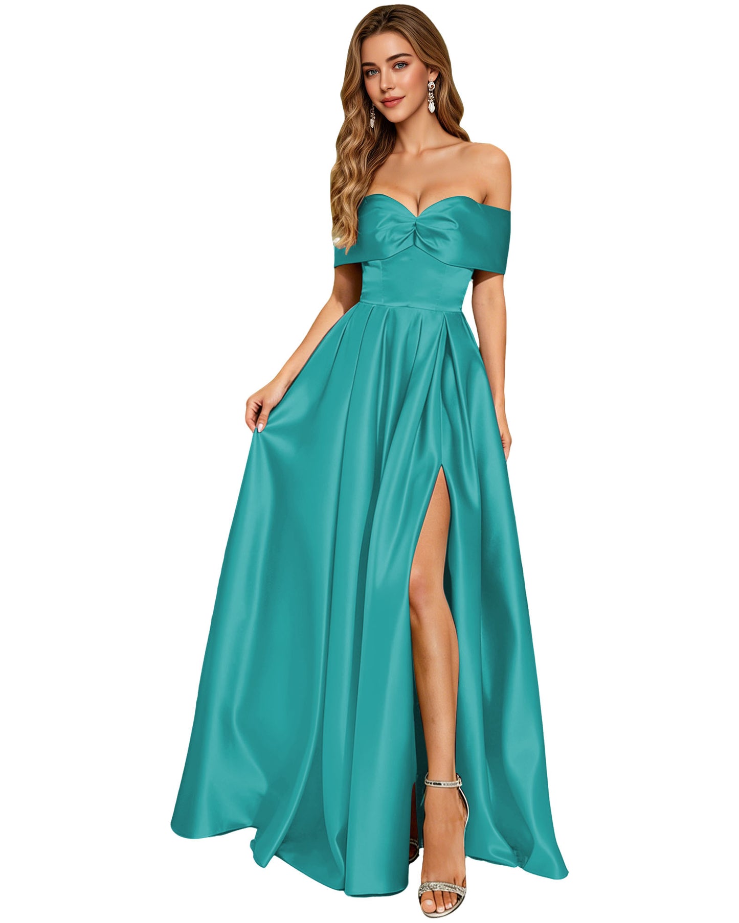 Strapless Bow Satin A-Line Prom Dress with Pleated Bodice and Slit