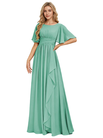 Flutter Sleeve Chiffon Bridesmaid Dress with Tiered Front Ruffle