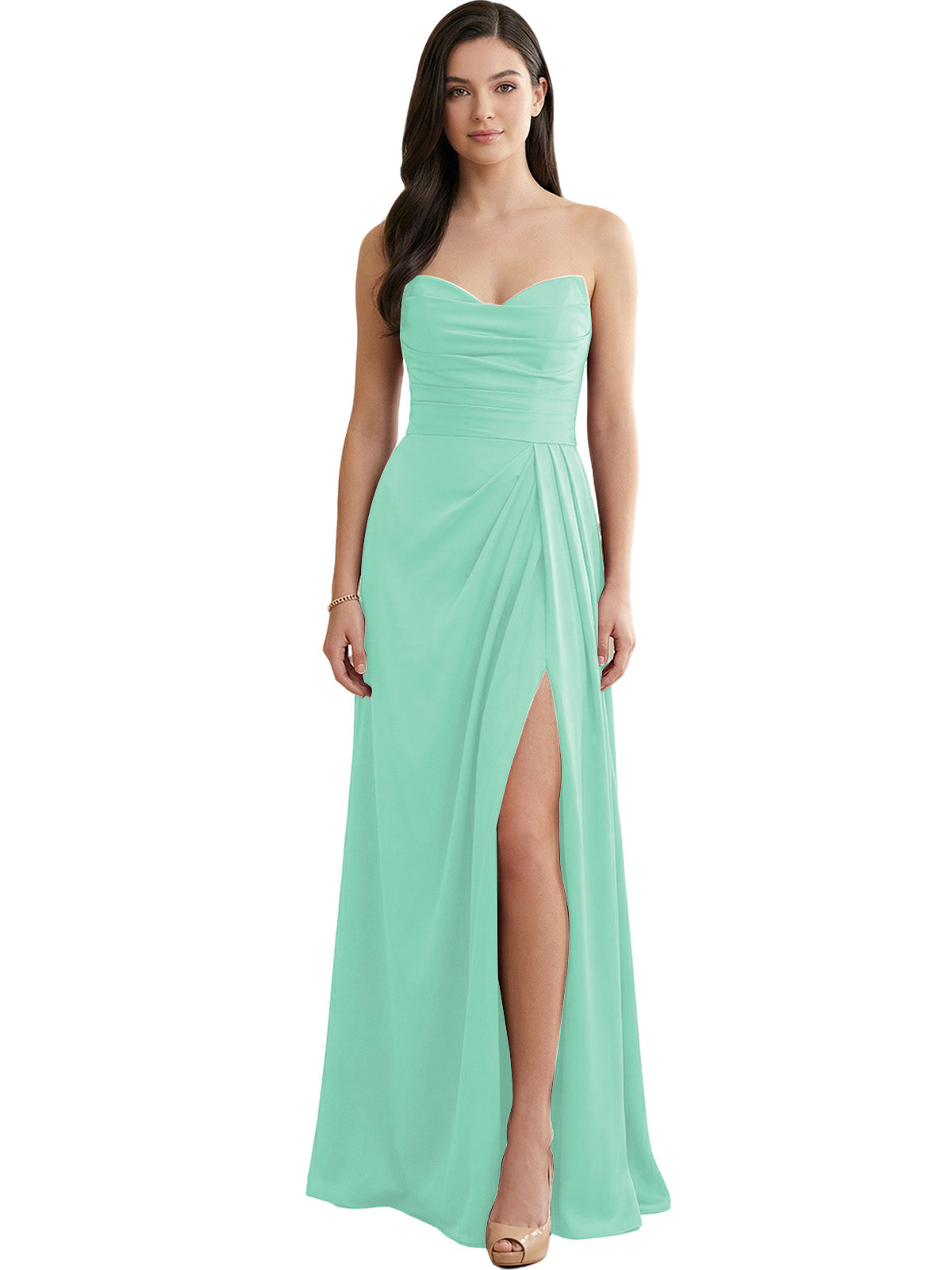 Strapless Pleated Satin Bridesmaid Dress with Side Slit