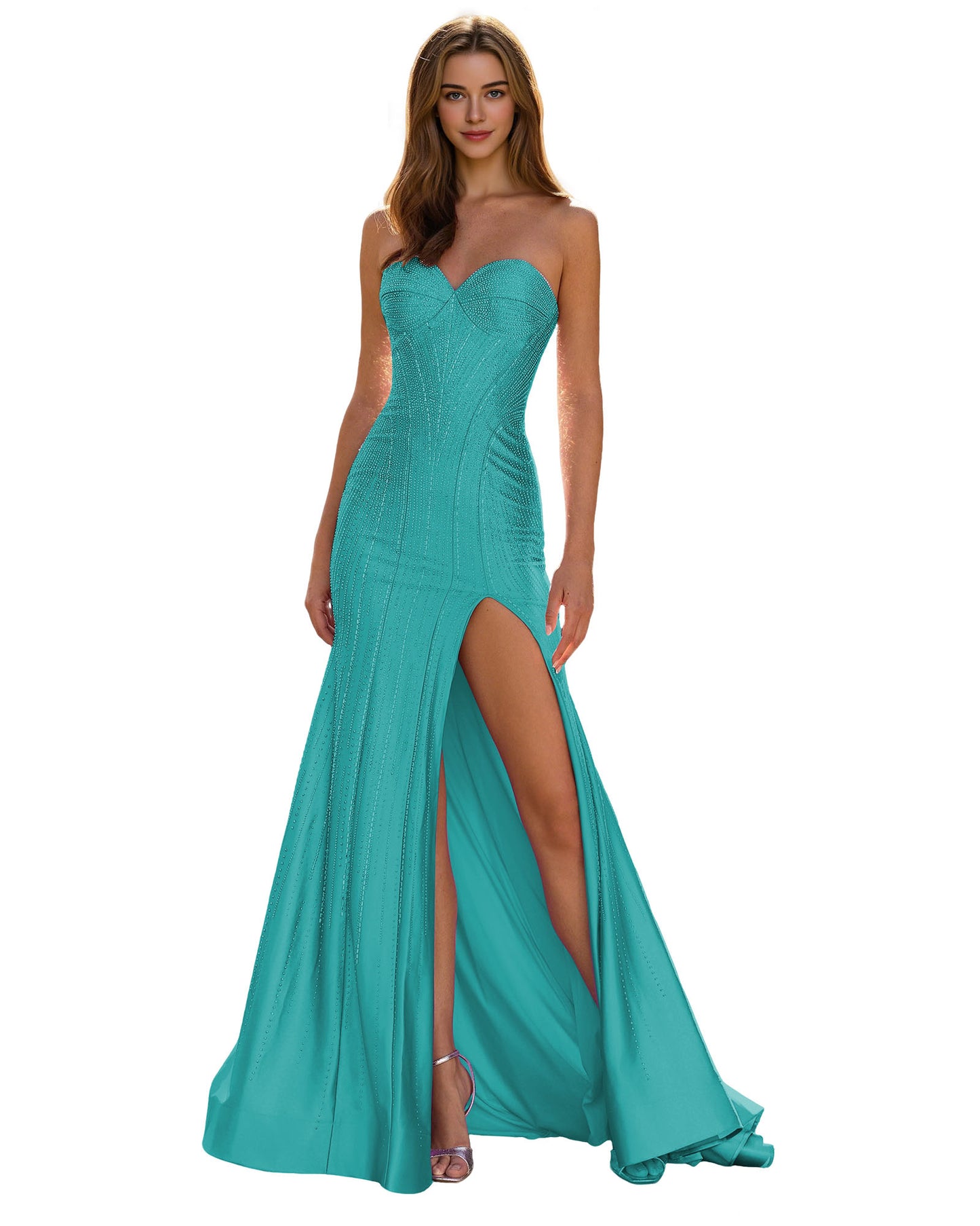 Strapless Sequin Column Prom Dress with Side Slit and Sweep Train