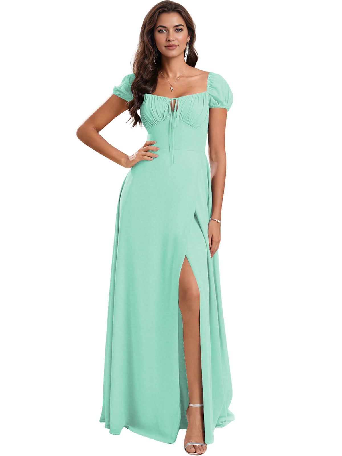 Ruched Short Sleeve Chiffon Bridesmaid Dress with Side Slit