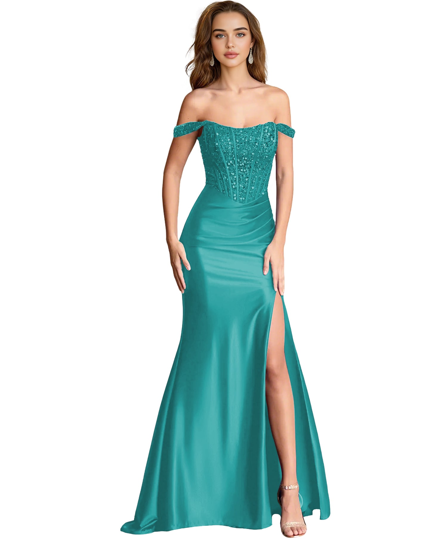 Off Shoulder Sequin Satin Mermaid Dress with Draped dress Slit