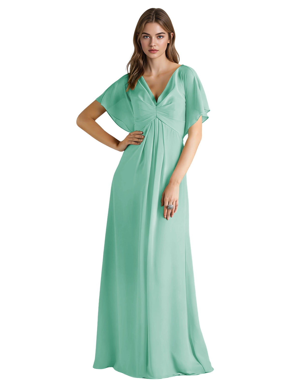Short Sleeve V-Neck Chiffon Bridesmaid Dress with Gathered Waist