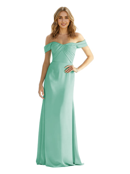 Sweetheart Off Shoulder Satin Bridesmaid Dress with Wrapped Bodice