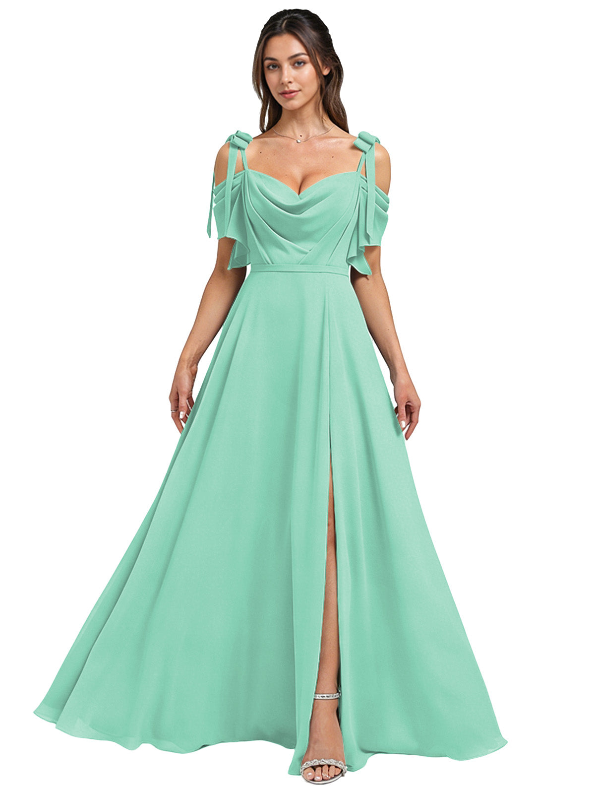 Cowl Neck Cold Shoulder Bridesmaid Dress with High Slit Chiffon Dress