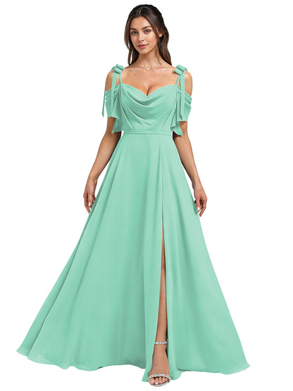 Cowl Neck Cold Shoulder Bridesmaid Dress with High Slit Chiffon Dress