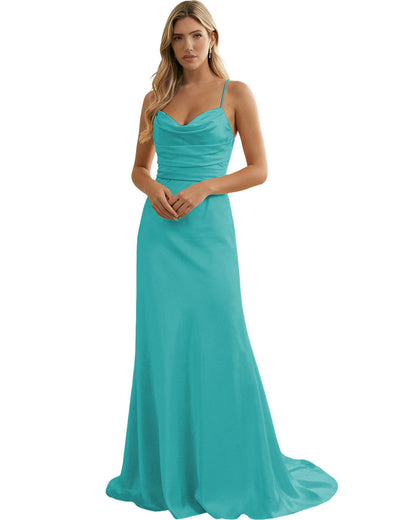 Spaghetti Straps Ruched Satin Floor Length Bridesmaid Dress