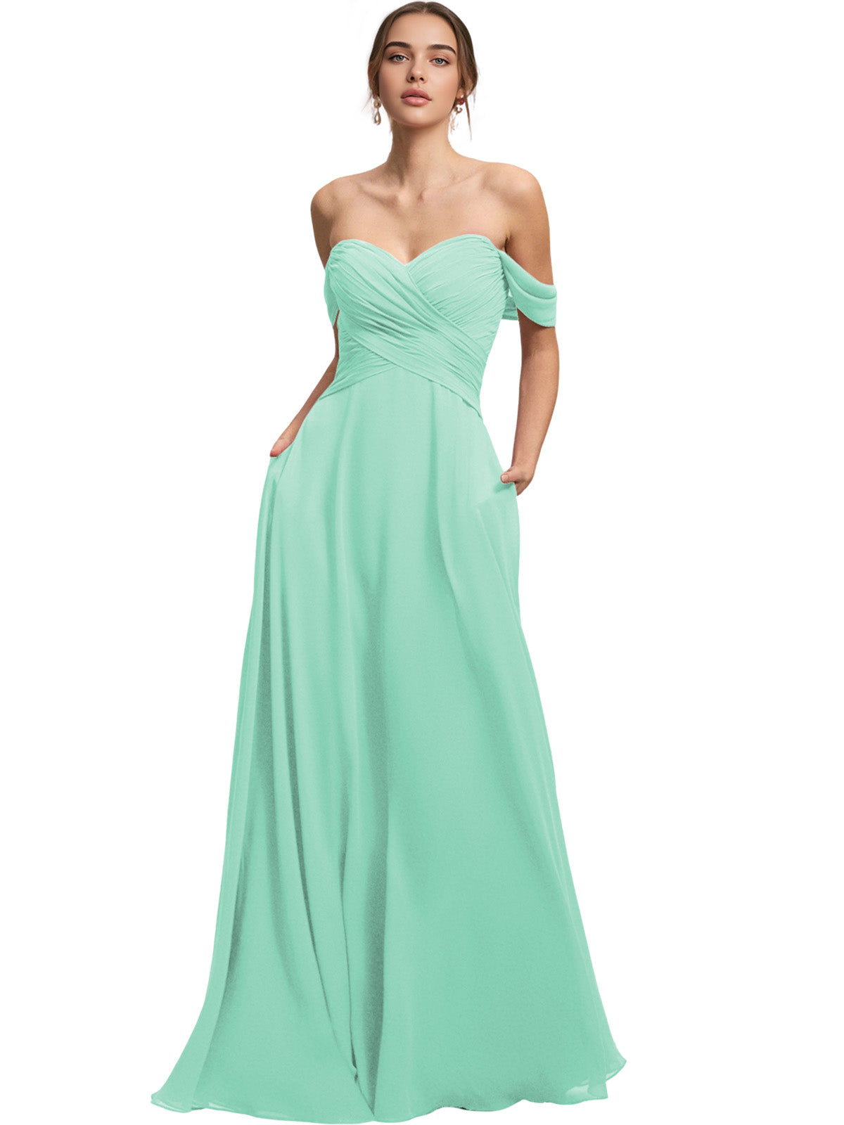 Off Shoulder Chiffon Bridesmaid Dress with Draped Bodice and A-Line Dress