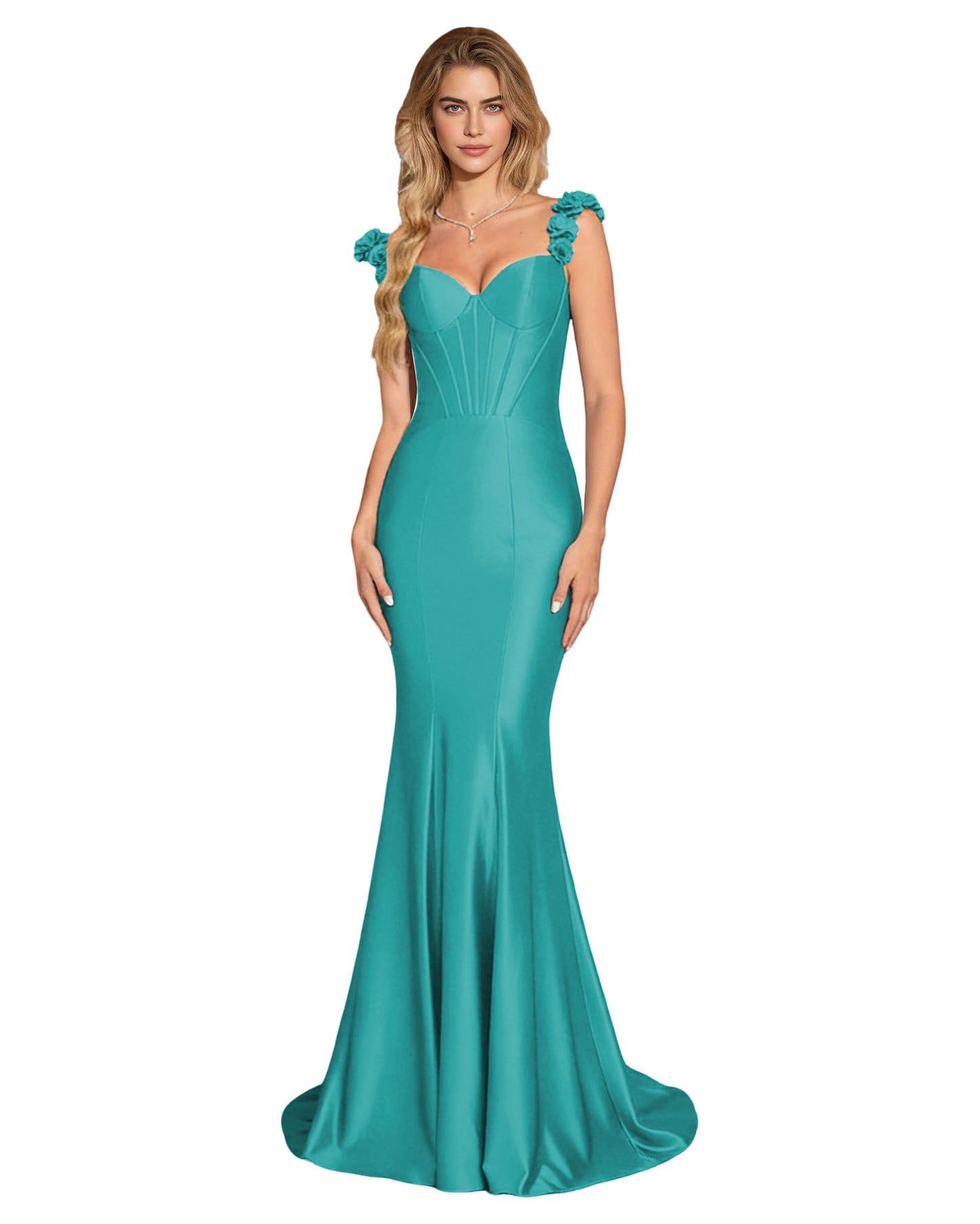 Floral Strap Satin Mermaid Prom Dress with Corset Bodice and Sweep Train