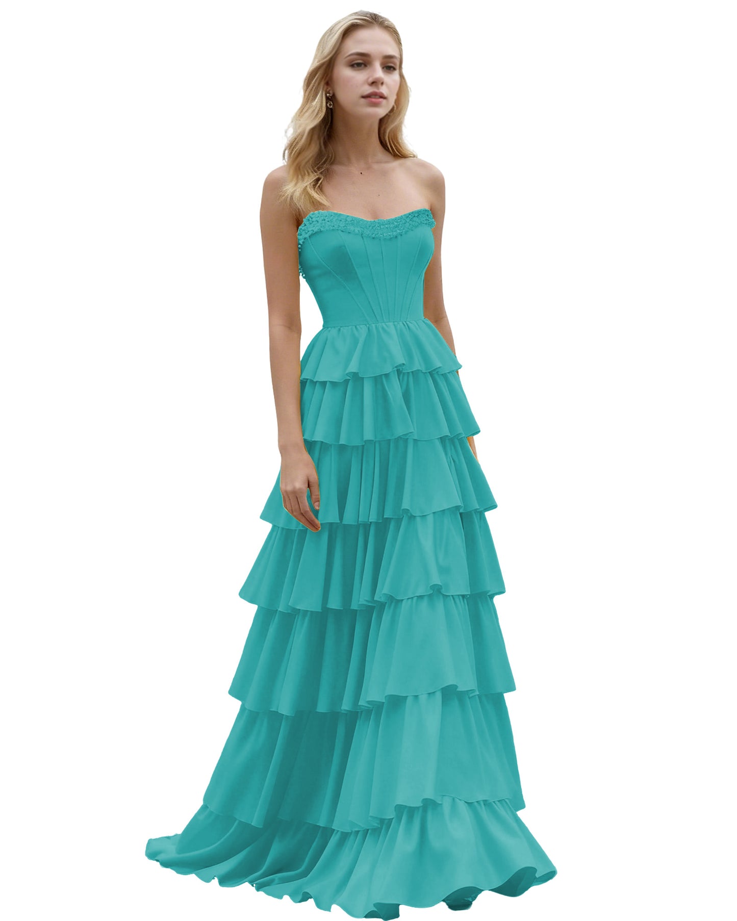 Strapless Tiered Ruffle A-Line Prom Dress with Corset Bodice