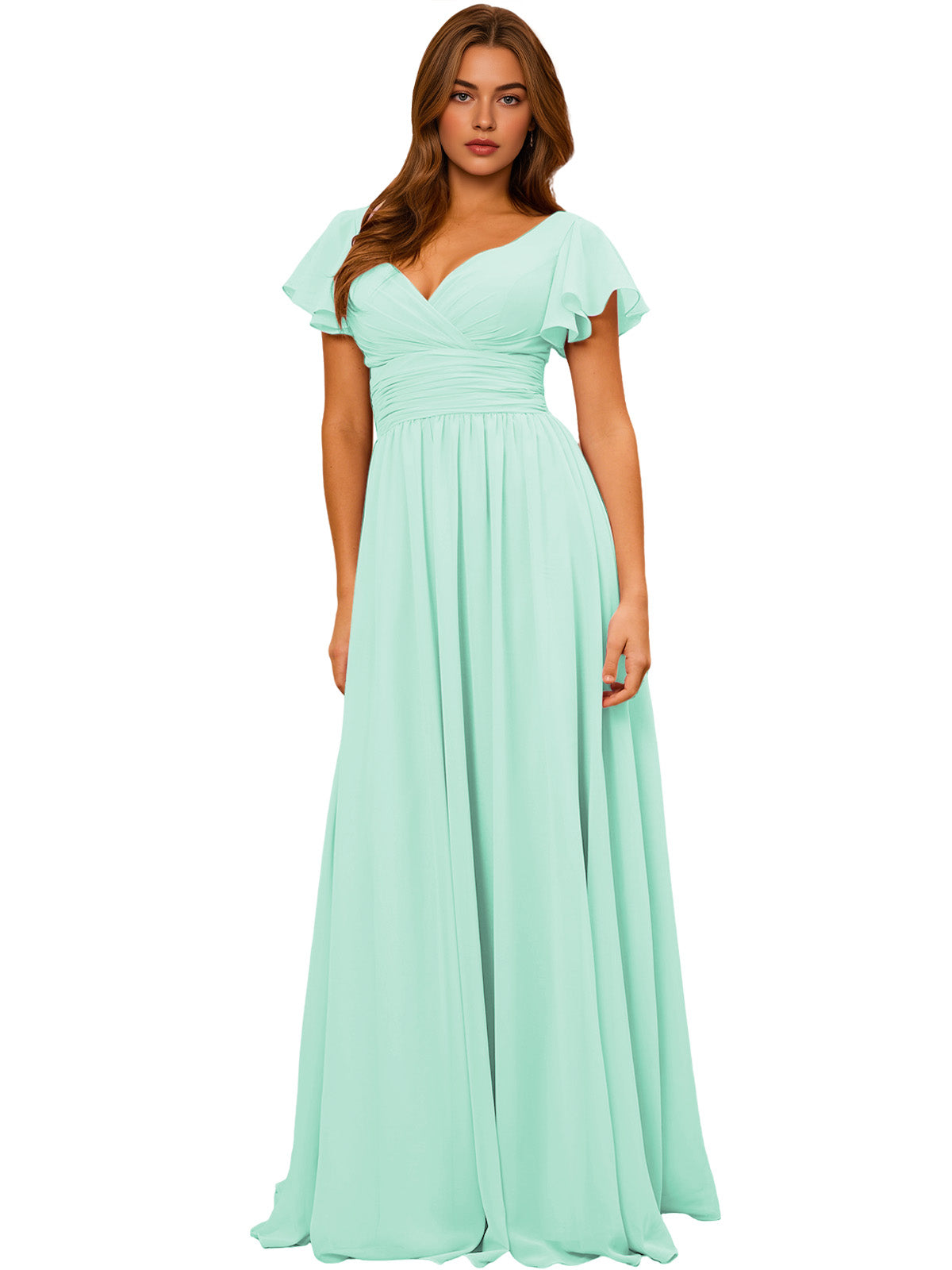 V-Neck Flutter Sleeve Chiffon Bridesmaid Dress with Empire Waist