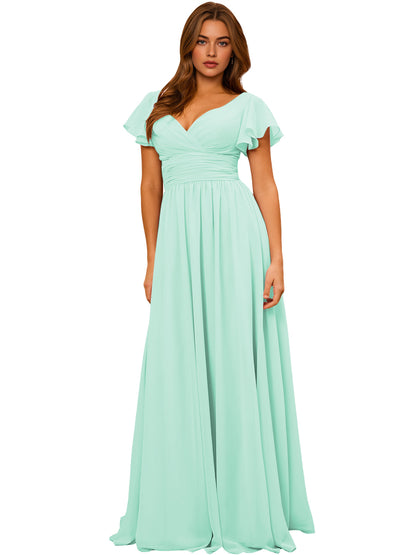 V-Neck Flutter Sleeve Chiffon Bridesmaid Dress with Empire Waist