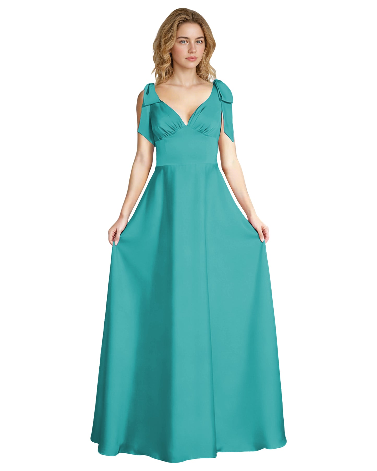 V-Neck Bow Strap Satin Bridesmaid Dress with Empire Waist
