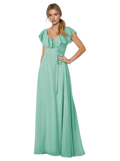 Tie Neck Chiffon Bridesmaid Dress with Flutter Sleeves