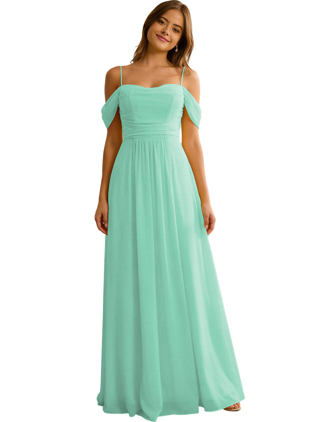 Off Shoulder Chiffon Bridesmaid Dress with Soft Pleated Bodice